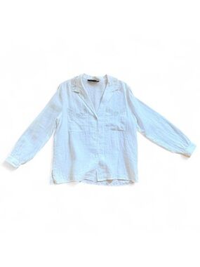 100% Linen Button Down Shirt with Embroidered Details Long Sleeve Large